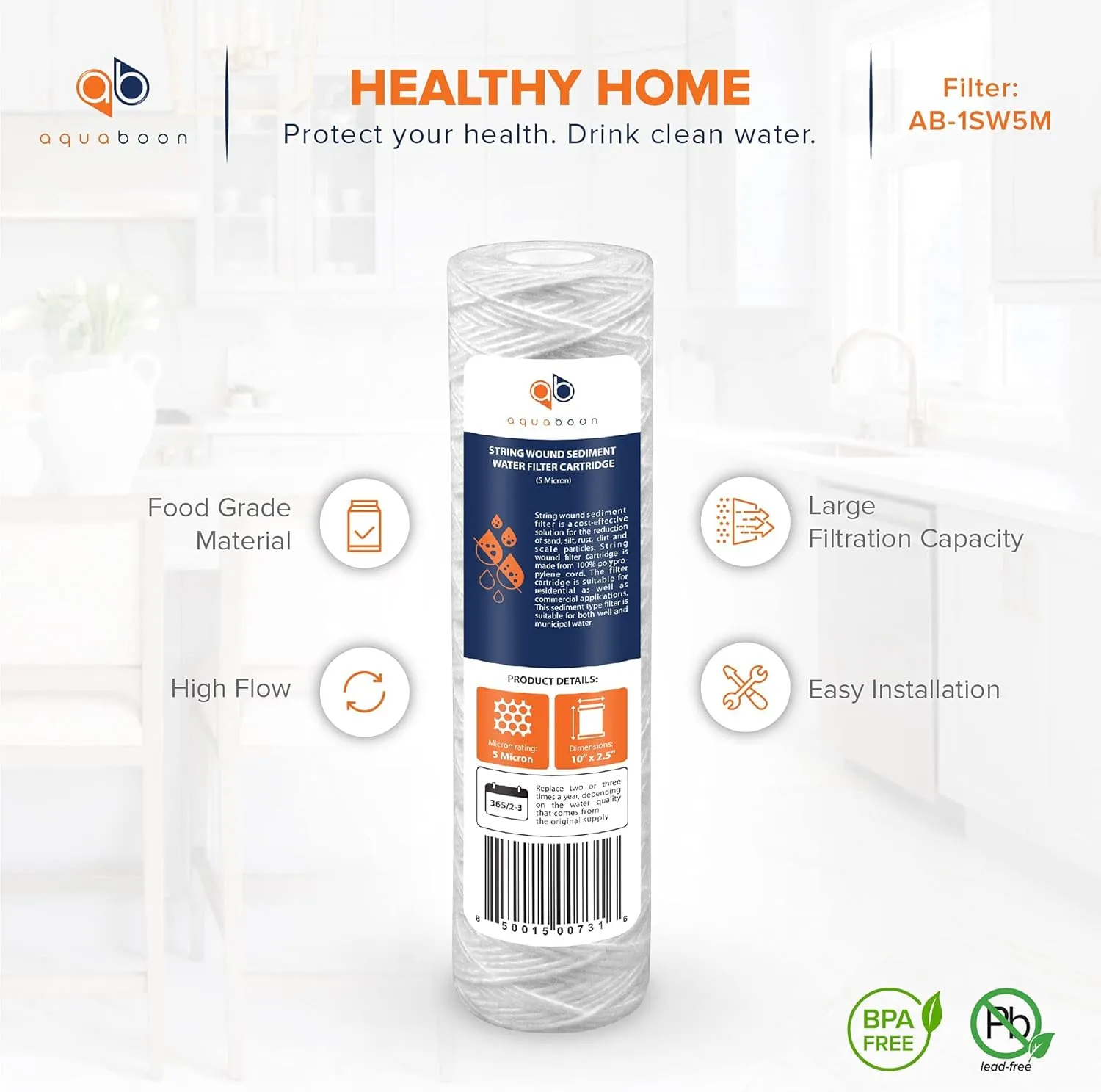 Aquaboon Whole House 5 Micron 10 x 2.5 String Wound Sediment Water Filter Cartridge Replacement Compatible with Well Water Filter WHKF-WHSW, 4-Pack