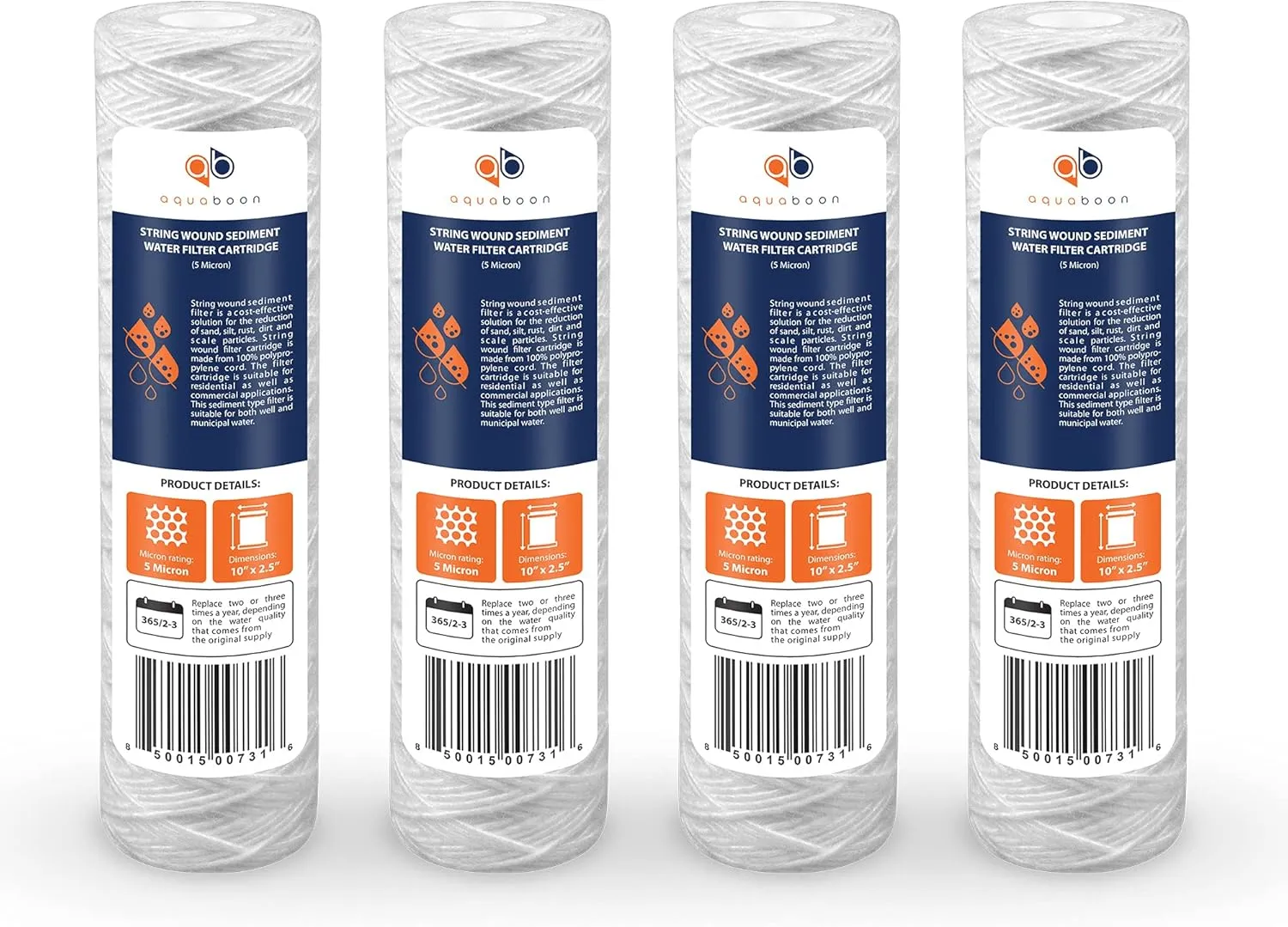 Aquaboon Whole House 5 Micron 10 x 2.5 String Wound Sediment Water Filter Cartridge Replacement Compatible with Well Water Filter WHKF-WHSW, 4-Pack