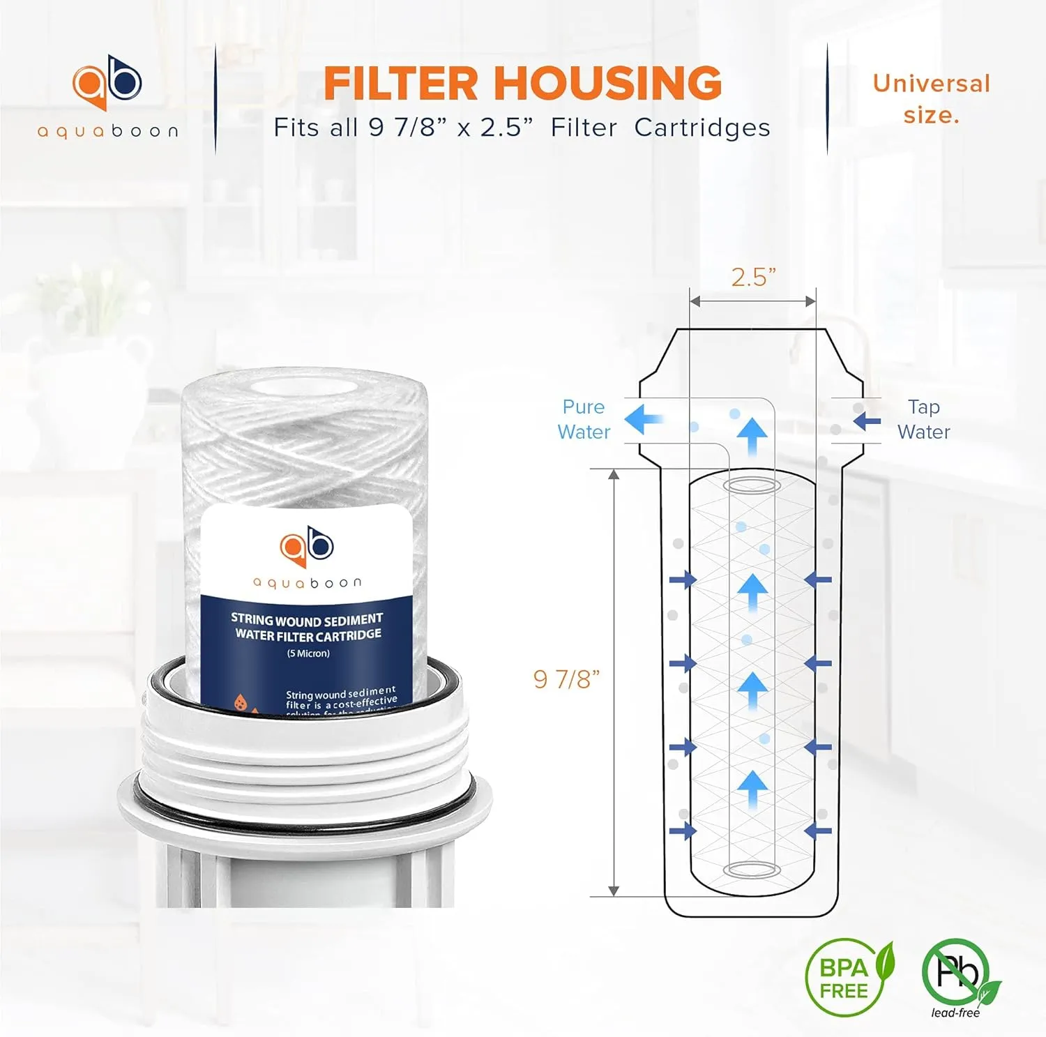 Aquaboon Whole House 5 Micron 10 x 2.5 String Wound Sediment Water Filter Cartridge Replacement Compatible with Well Water Filter WHKF-WHSW, 4-Pack