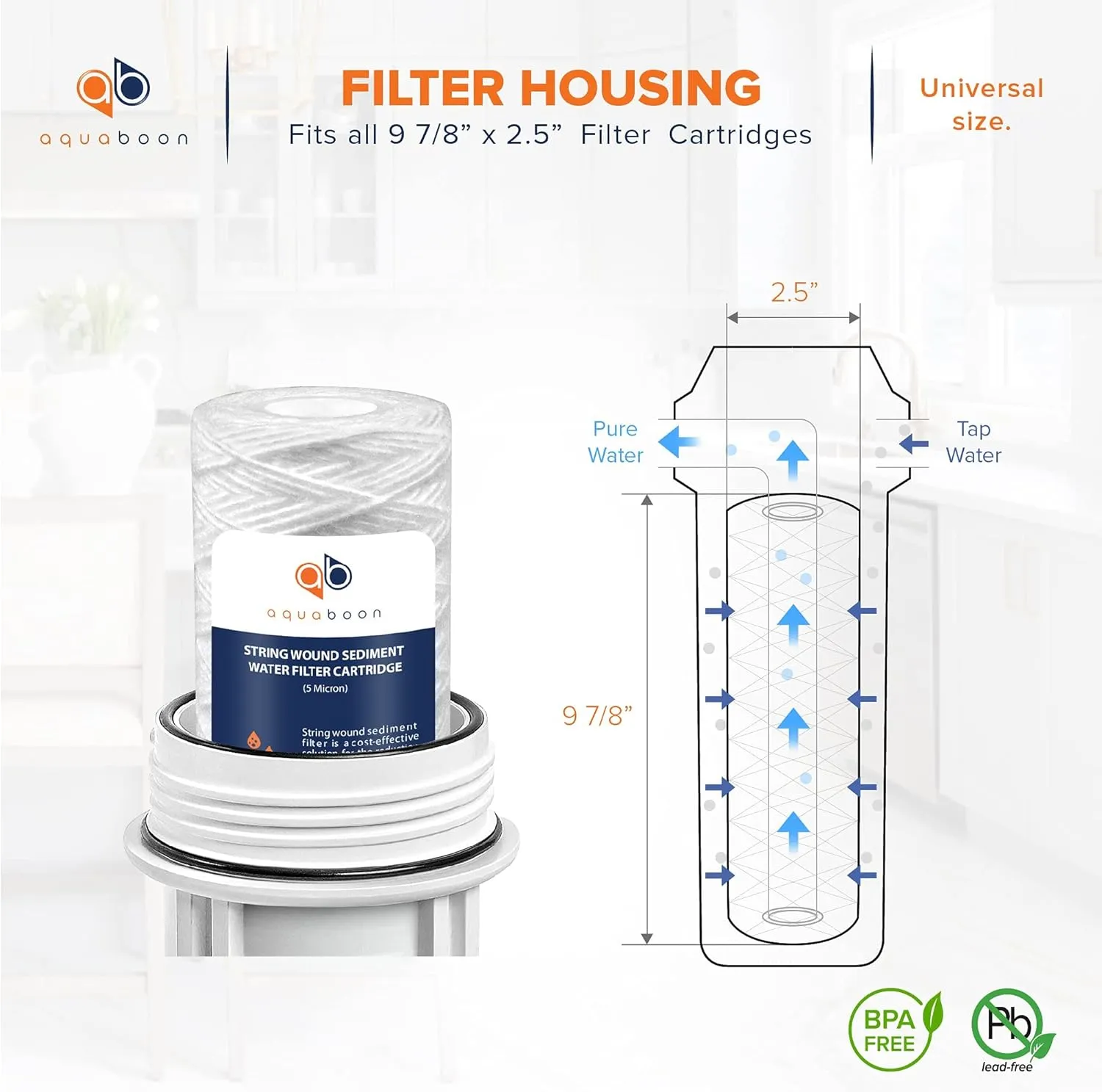 Aquaboon Whole House 5 Micron 10 x 2.5 String Wound Sediment Water Filter Cartridge Replacement Compatible with Well Water Filter WHKF-WHSW, 50-Pack
