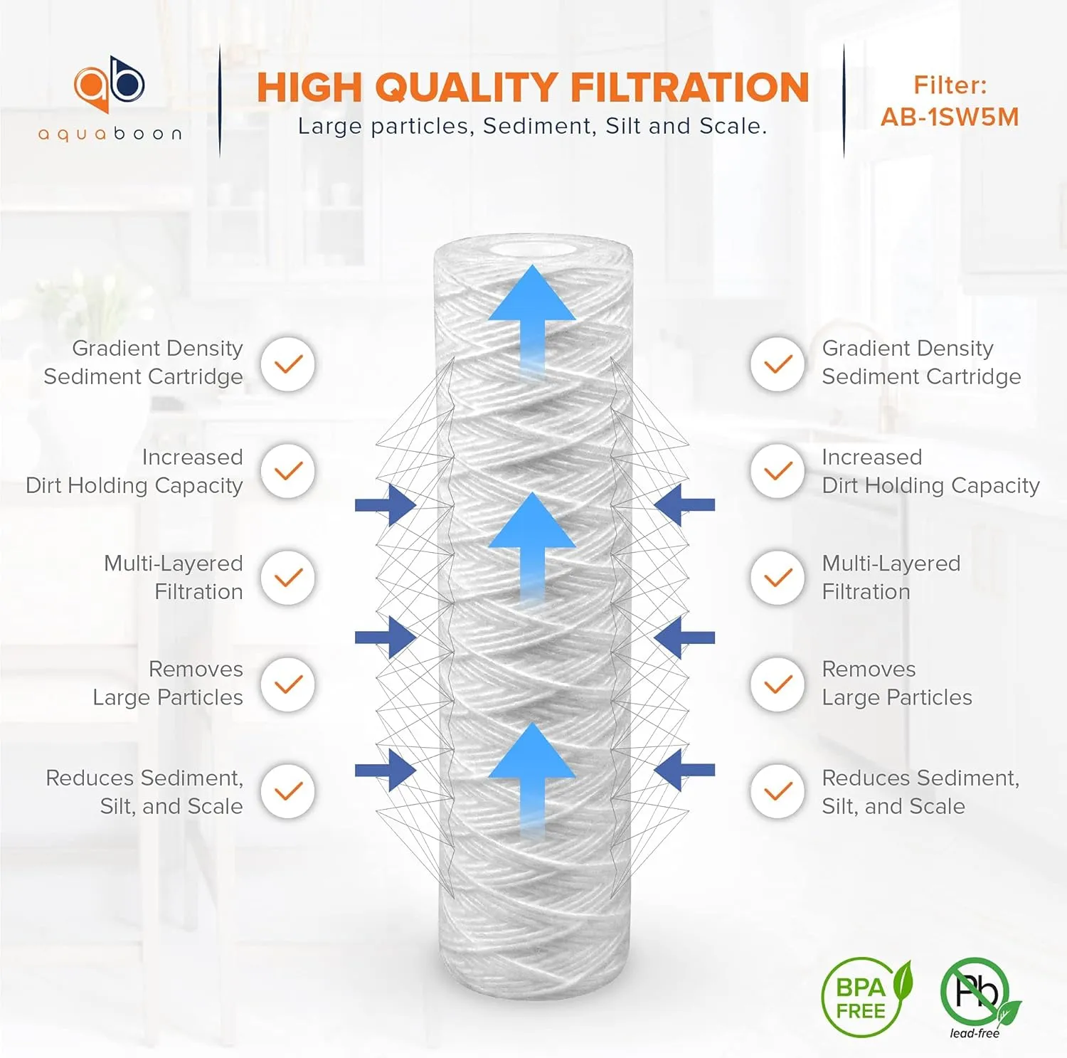 Aquaboon Whole House 5 Micron 10 x 2.5 String Wound Sediment Water Filter Cartridge Replacement Compatible with Well Water Filter WHKF-WHSW, 50-Pack