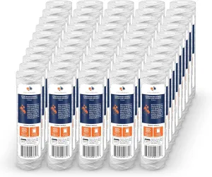 Aquaboon Whole House 5 Micron 10 x 2.5 String Wound Sediment Water Filter Cartridge Replacement Compatible with Well Water Filter WHKF-WHSW, 50-Pack