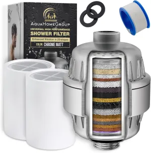 AquaHomeGroup 20 Stage Shower Head Filter with Vitamin C E A for Hard Water - High Output Filter to Remove Chlorine and Fluoride - 2 Replacement Cartridges - Consistent Flow Showerhead Filter