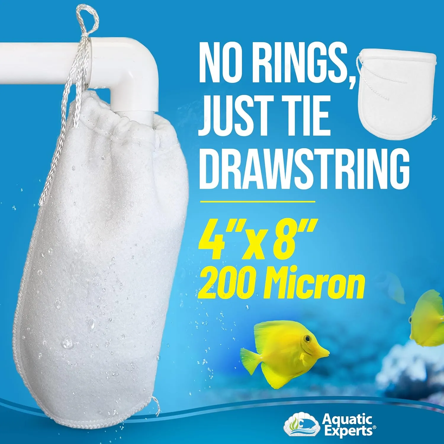 Aquatic Experts 200 Micron Drawstring Filter Sock - Filter Socks for Saltwater Aquarium, Sump Filter Sock, Freshwater Aquarium Filter Sock - Custom Made in The USA (4 inch by 8 inch, 8 Pack)