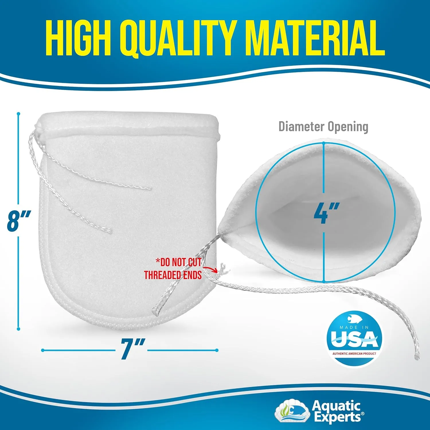Aquatic Experts 200 Micron Drawstring Filter Sock - Filter Socks for Saltwater Aquarium, Sump Filter Sock, Freshwater Aquarium Filter Sock - Custom Made in The USA (4 inch by 8 inch, 8 Pack)