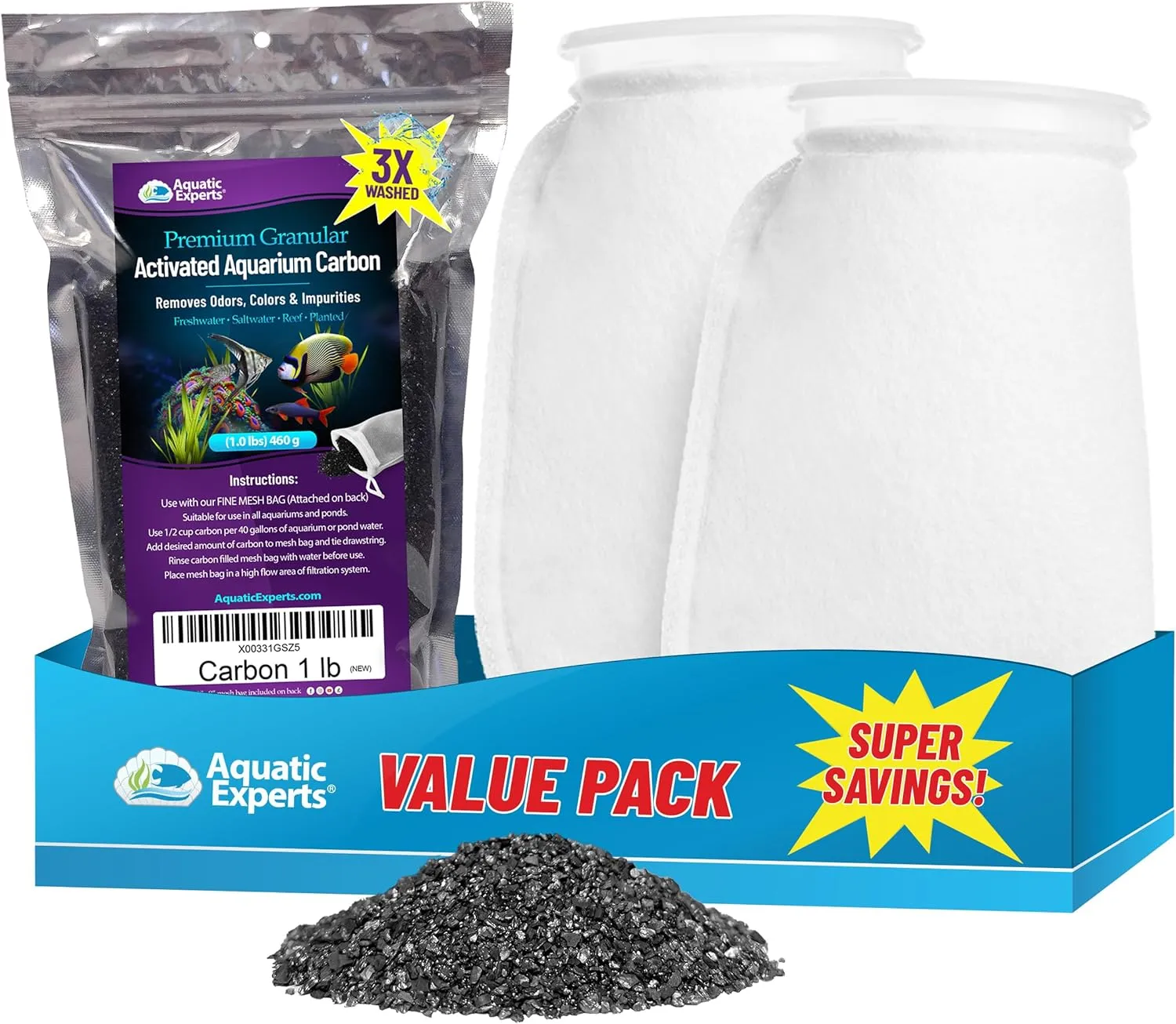 Aquatic Experts Premium Granulated Activated Carbon 1LB and 100 Micron Felt Filter Socks 4"x8" - 2 Pack, Made in USA (Value Pack)