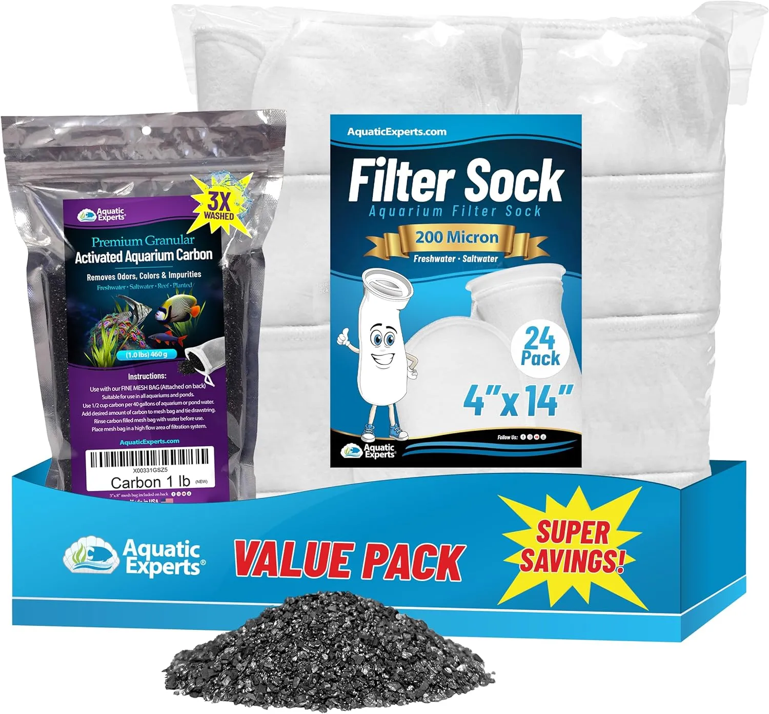 Aquatic Experts Premium Granulated Activated Carbon 1lb and 200 Micron Felt Filter Socks 4"x14" - 24 Pack, Made in USA (Value Pack)