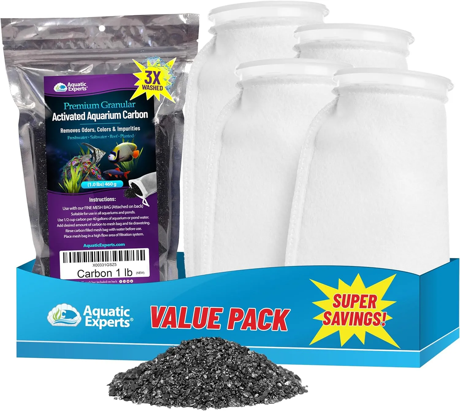 Aquatic Experts Premium Granulated Activated Carbon 1LB and 200 Micron Felt Filter Socks 7"x12" 4-Pack, Made in USA (Value Pack)