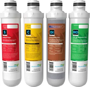 Aquatic Life Twist-In RO/RODI Replacement Cartridges - Carbon Block Filter, Sediment, Color Changing Mixed Bed Deionization Resin and 100 GPD Membrane, 4-Stage Reverse Osmosis Deionization Systems