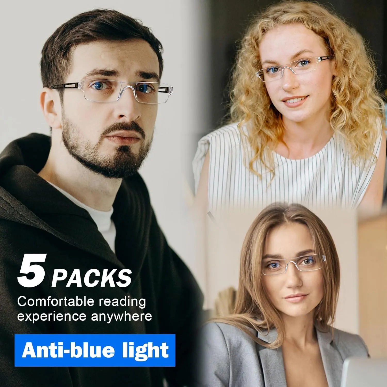 AQWANO 5 Pack Rimless Computer Reading Glasses 1.0 Blue Light Blocking, Fashion Frameless Readers for Women Men Lightweight & Comfortable Anti Glare/UV/Eyestrain, 1.0