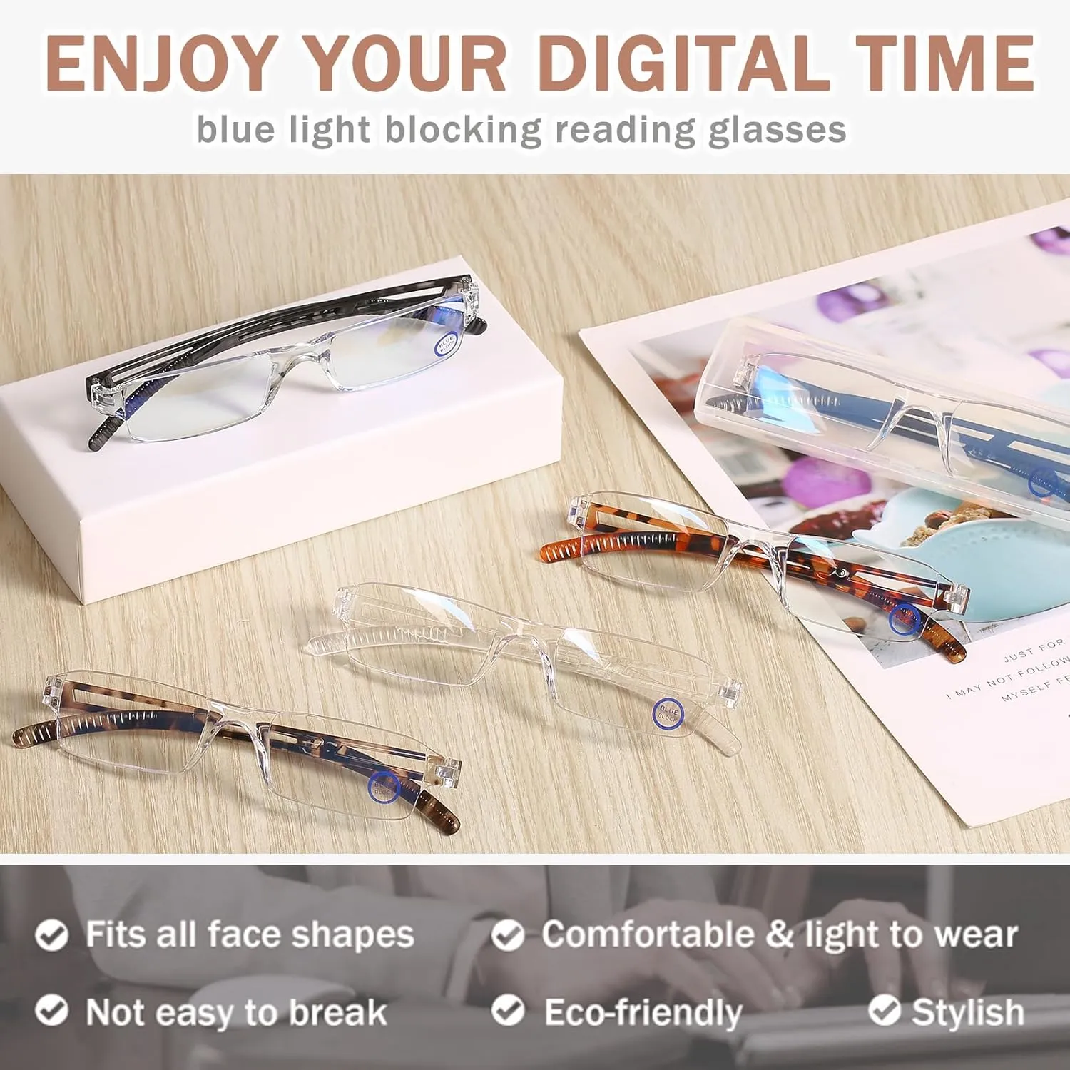 AQWANO 5 Pack Rimless Computer Reading Glasses 1.0 Blue Light Blocking, Fashion Frameless Readers for Women Men Lightweight & Comfortable Anti Glare/UV/Eyestrain, 1.0