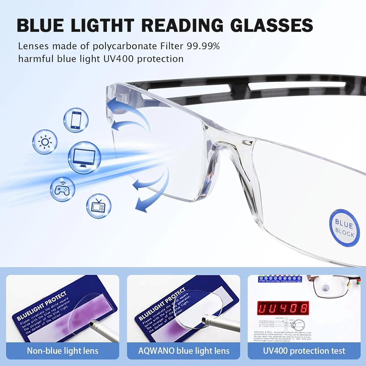 AQWANO 5 Pack Rimless Computer Reading Glasses 1.0 Blue Light Blocking, Fashion Frameless Readers for Women Men Lightweight & Comfortable Anti Glare/UV/Eyestrain, 1.0
