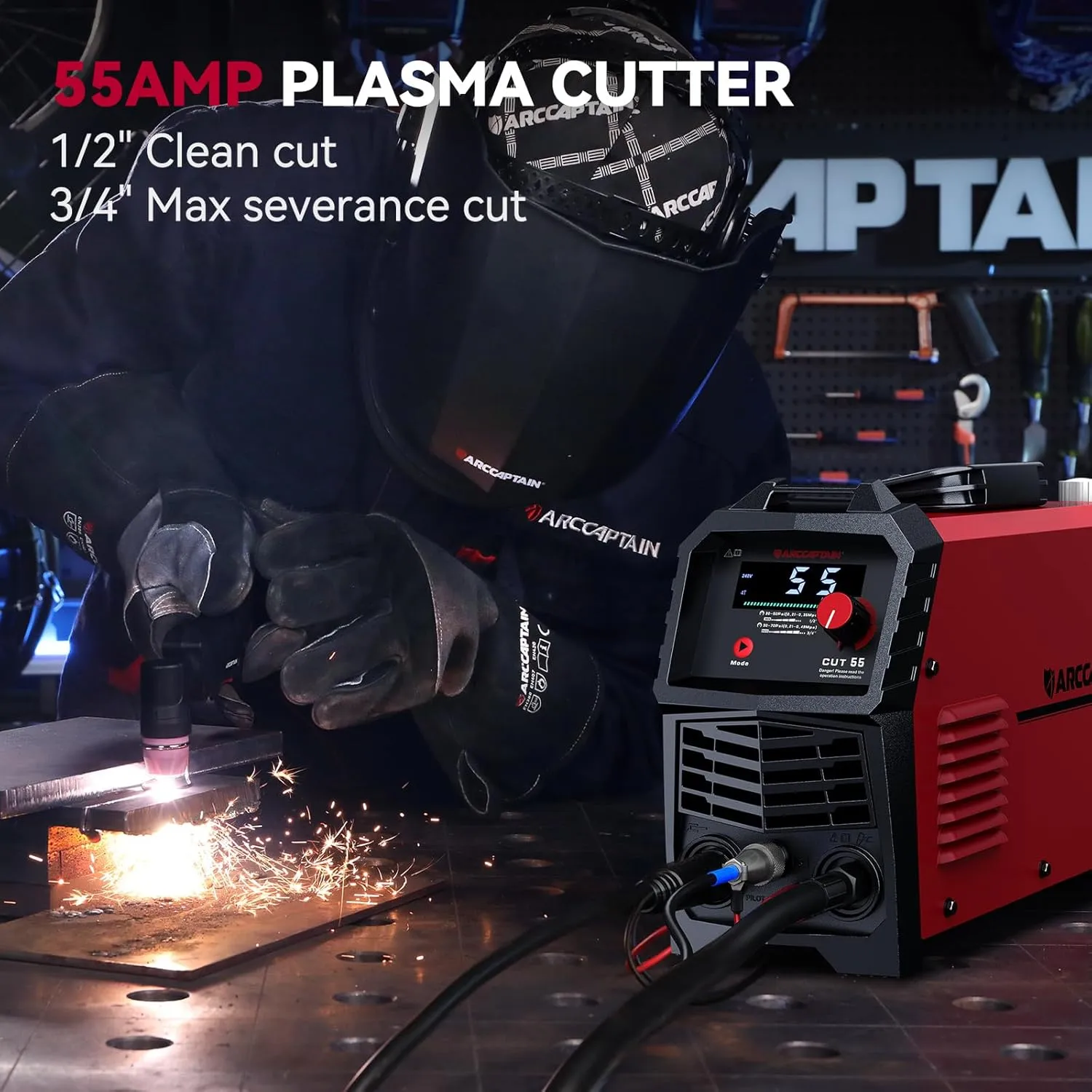 ARCCAPTAIN 55A Plasma Cutter, Large LED Display, Non-Touch Pilot ARC Plasma Cutting Machine, 110/220V Dual Voltage IGBT Inverter, 1/2" Clean Cut, Post Flow, 2T/4T, for Beginners DIY