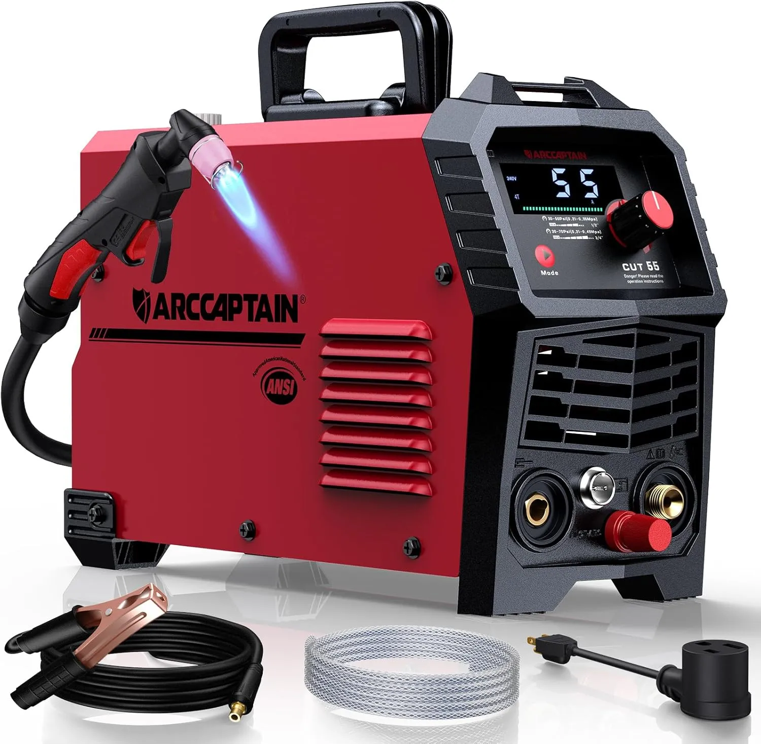 ARCCAPTAIN 55A Plasma Cutter, Large LED Display, Non-Touch Pilot ARC Plasma Cutting Machine, 110/220V Dual Voltage IGBT Inverter, 1/2" Clean Cut, Post Flow, 2T/4T, for Beginners DIY