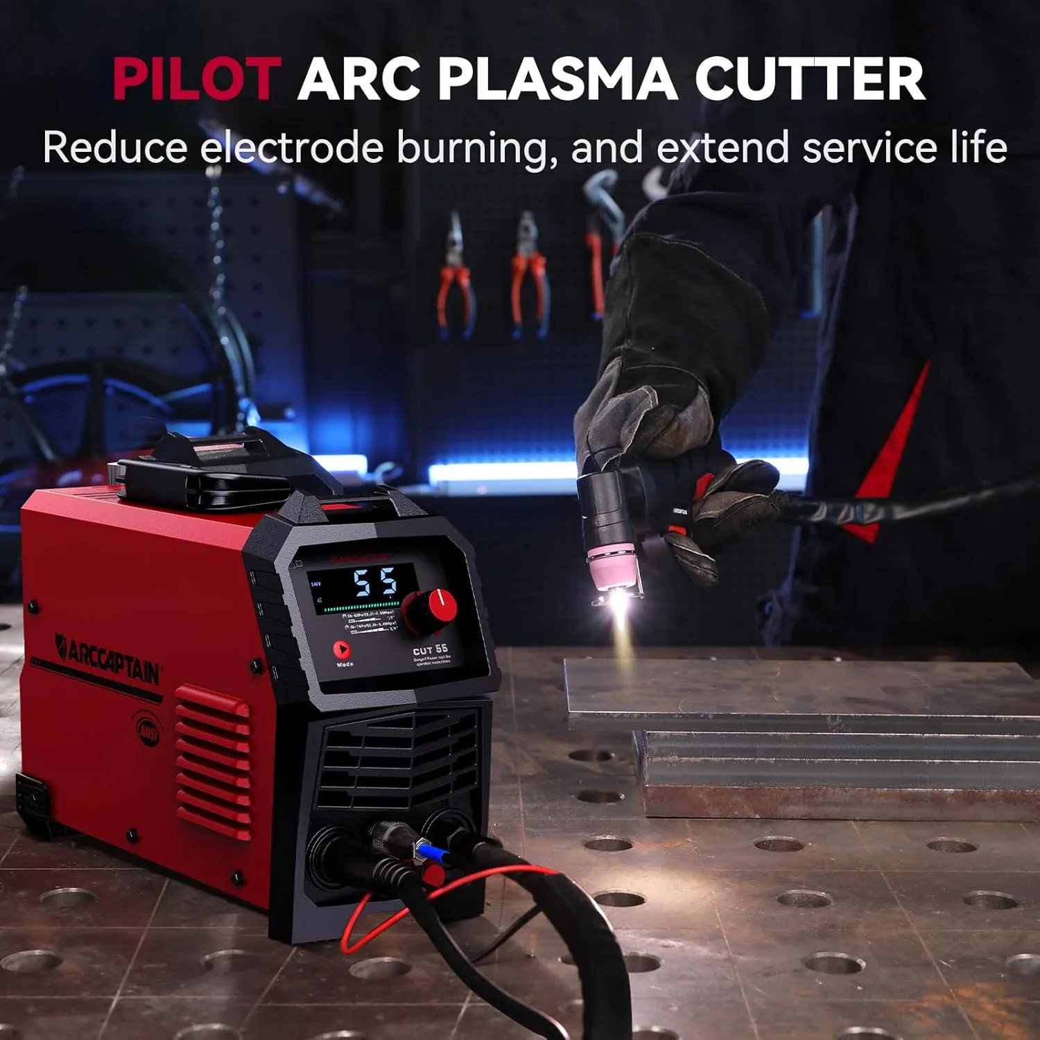 ARCCAPTAIN 55A Plasma Cutter, Large LED Display, Non-Touch Pilot ARC Plasma Cutting Machine, 110/220V Dual Voltage IGBT Inverter, 1/2" Clean Cut, Post Flow, 2T/4T, for Beginners DIY
