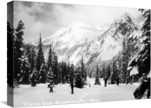 ART.COM Stretched Canvas Print Snoqualmie Pass, Washington, View of Skiers Skiing during the Winter by Mountain by Lantern Press, 18" x 12"