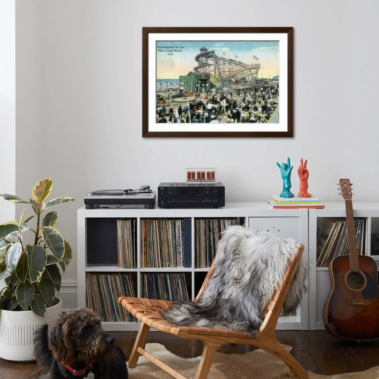 ART.COM Wall Art Print Long Beach, California - View of Amusement Rides Along the Pike on Brown Frame by Lantern Press, 44" x 32"