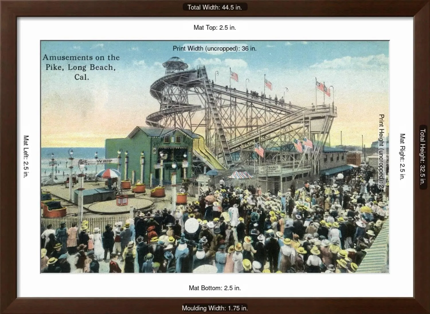 ART.COM Wall Art Print Long Beach, California - View of Amusement Rides Along the Pike on Brown Frame by Lantern Press, 44" x 32"