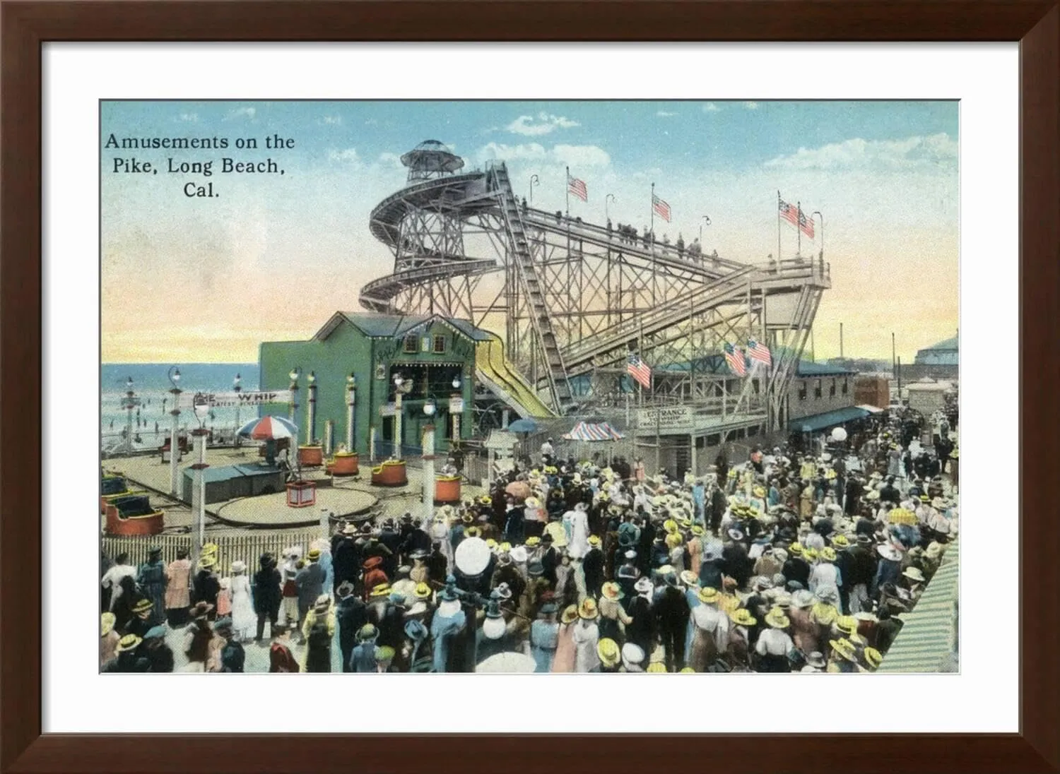 ART.COM Wall Art Print Long Beach, California - View of Amusement Rides Along the Pike on Brown Frame by Lantern Press, 44" x 32"