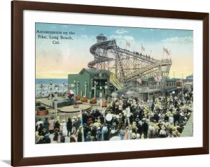 ART.COM Wall Art Print Long Beach, California - View of Amusement Rides Along the Pike on Brown Frame by Lantern Press, 44" x 32"