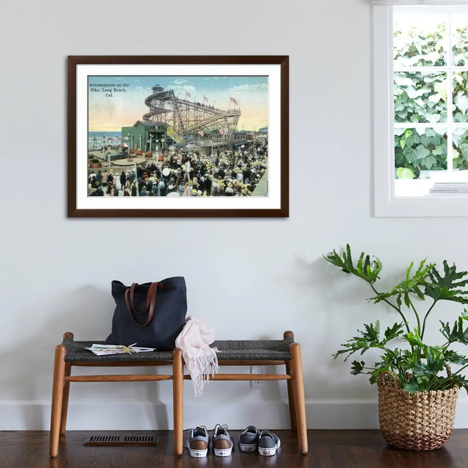 ART.COM Wall Art Print Long Beach, California - View of Amusement Rides Along the Pike on Brown Frame by Lantern Press, 44" x 32"