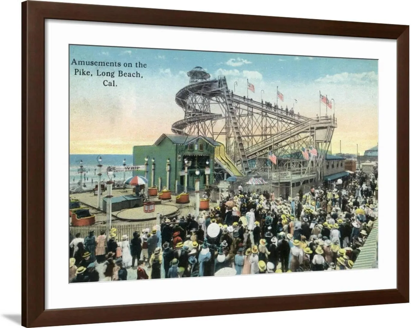 ART.COM Wall Art Print Long Beach, California - View of Amusement Rides Along the Pike on Brown Frame by Lantern Press, 44" x 32"