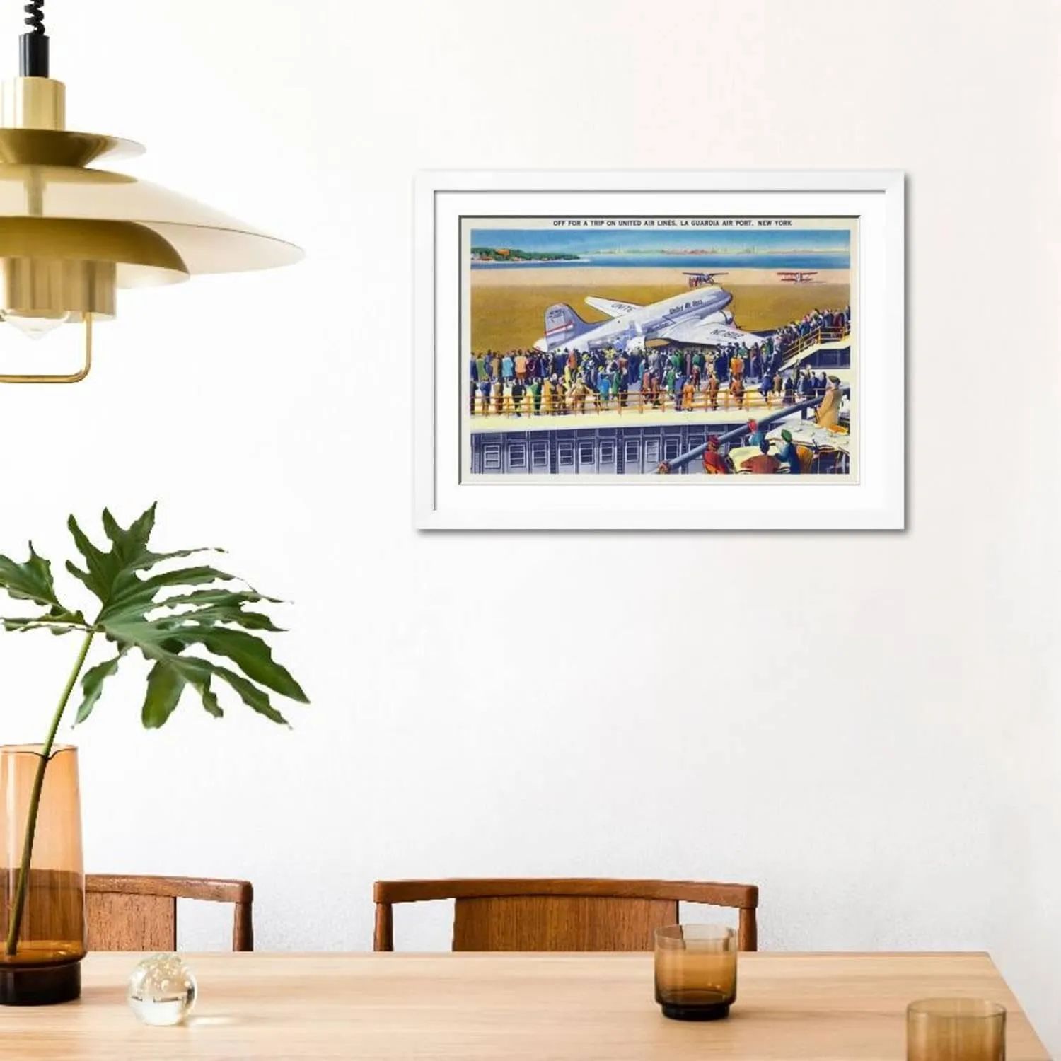ART.COM Wall Art Print New York City, New York - United Airlines Plane Departing La Guardia on White Frame by Lantern Press, 44" x 32"