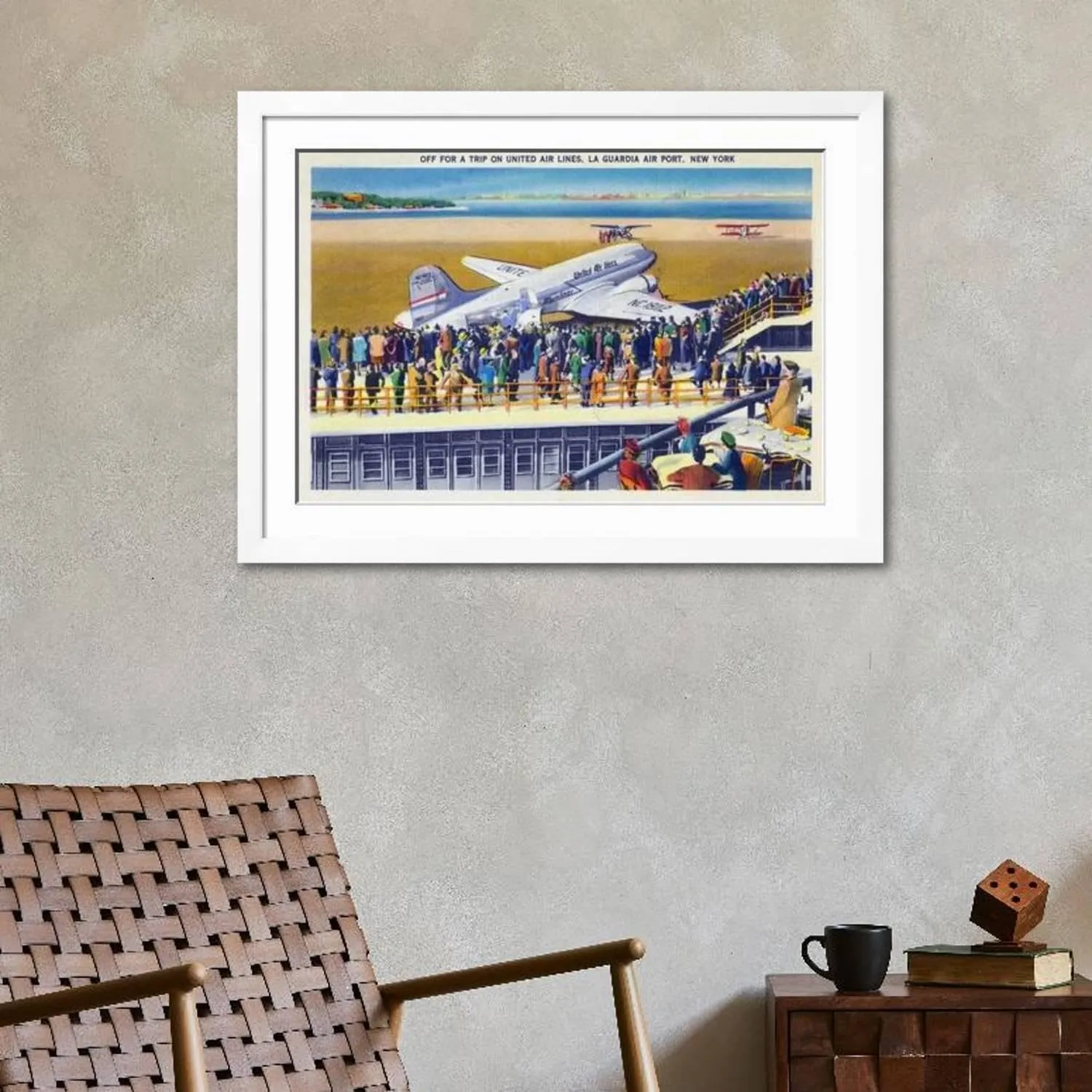 ART.COM Wall Art Print New York City, New York - United Airlines Plane Departing La Guardia on White Frame by Lantern Press, 44" x 32"
