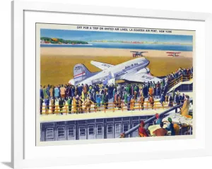 ART.COM Wall Art Print New York City, New York - United Airlines Plane Departing La Guardia on White Frame by Lantern Press, 44" x 32"