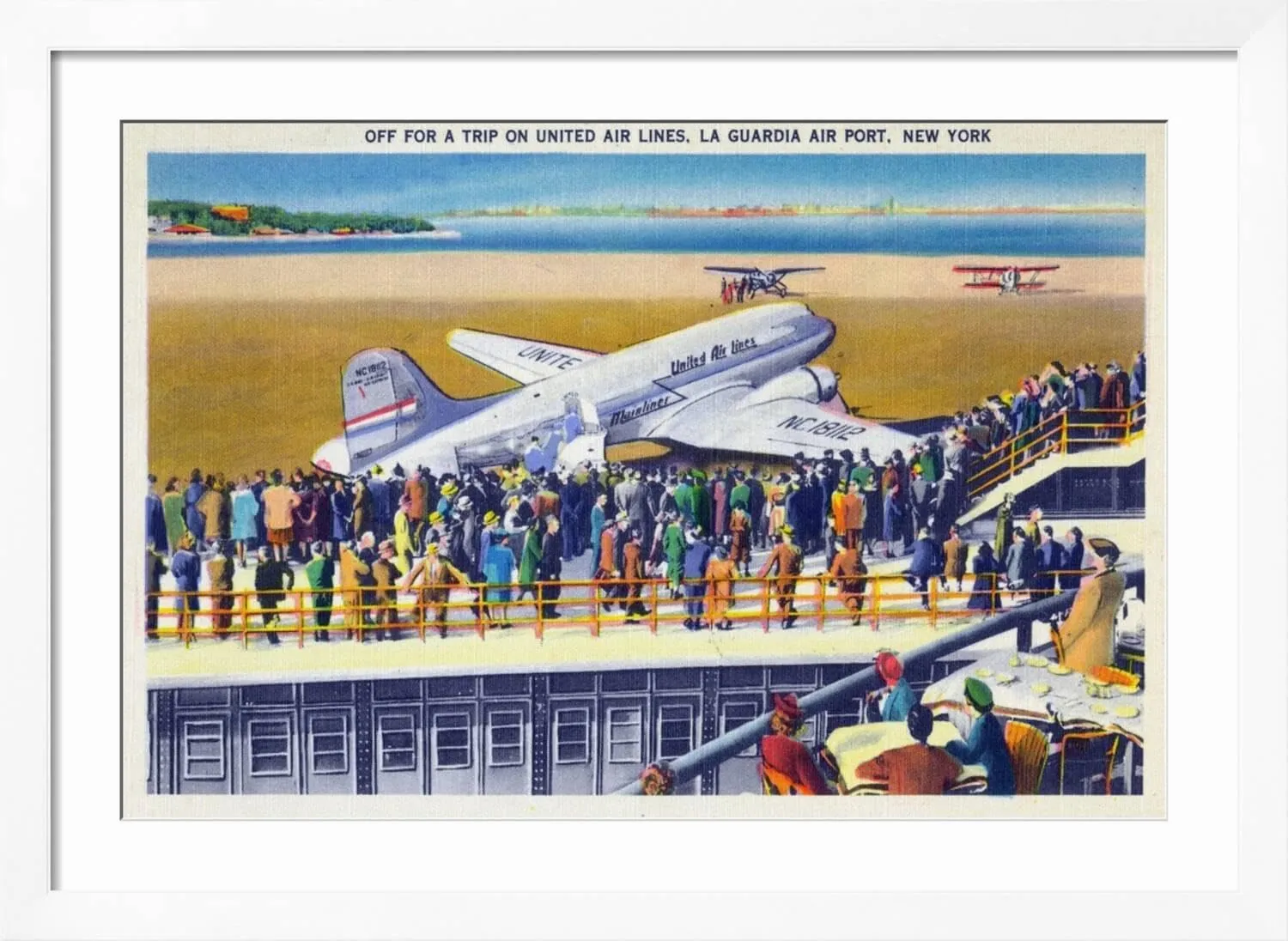 ART.COM Wall Art Print New York City, New York - United Airlines Plane Departing La Guardia on White Frame by Lantern Press, 44" x 32"