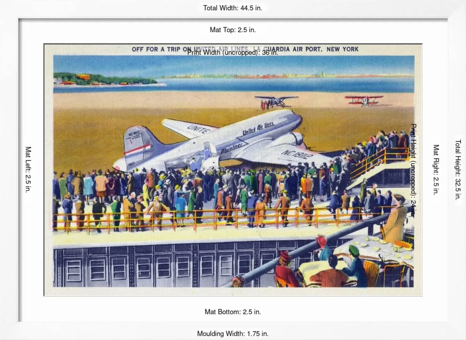 ART.COM Wall Art Print New York City, New York - United Airlines Plane Departing La Guardia on White Frame by Lantern Press, 44" x 32"