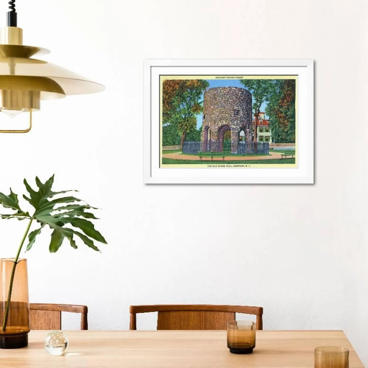 ART.COM Wall Art Print Newport, Rhode Island, View of the Old Stone Mill, Ancient Viking Tower on White Frame by Lantern Press, 44" x 32"