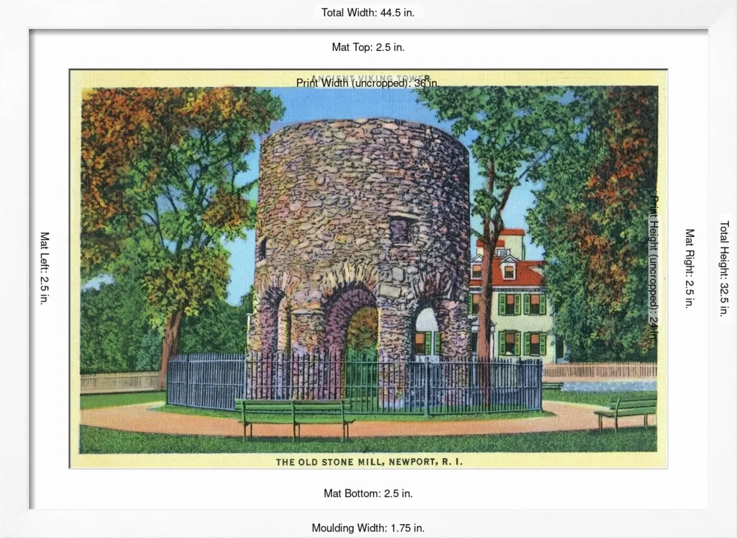 ART.COM Wall Art Print Newport, Rhode Island, View of the Old Stone Mill, Ancient Viking Tower on White Frame by Lantern Press, 44" x 32"