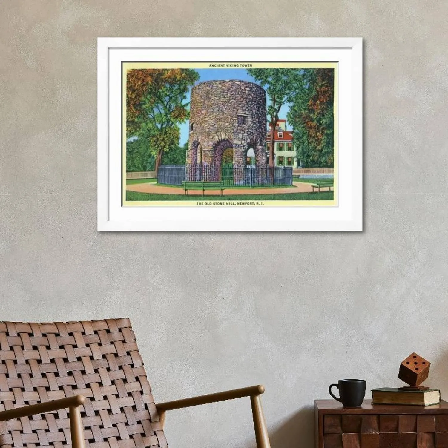 ART.COM Wall Art Print Newport, Rhode Island, View of the Old Stone Mill, Ancient Viking Tower on White Frame by Lantern Press, 44" x 32"