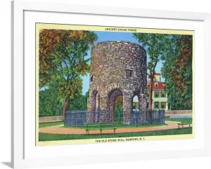 ART.COM Wall Art Print Newport, Rhode Island, View of the Old Stone Mill, Ancient Viking Tower on White Frame by Lantern Press, 44" x 32"