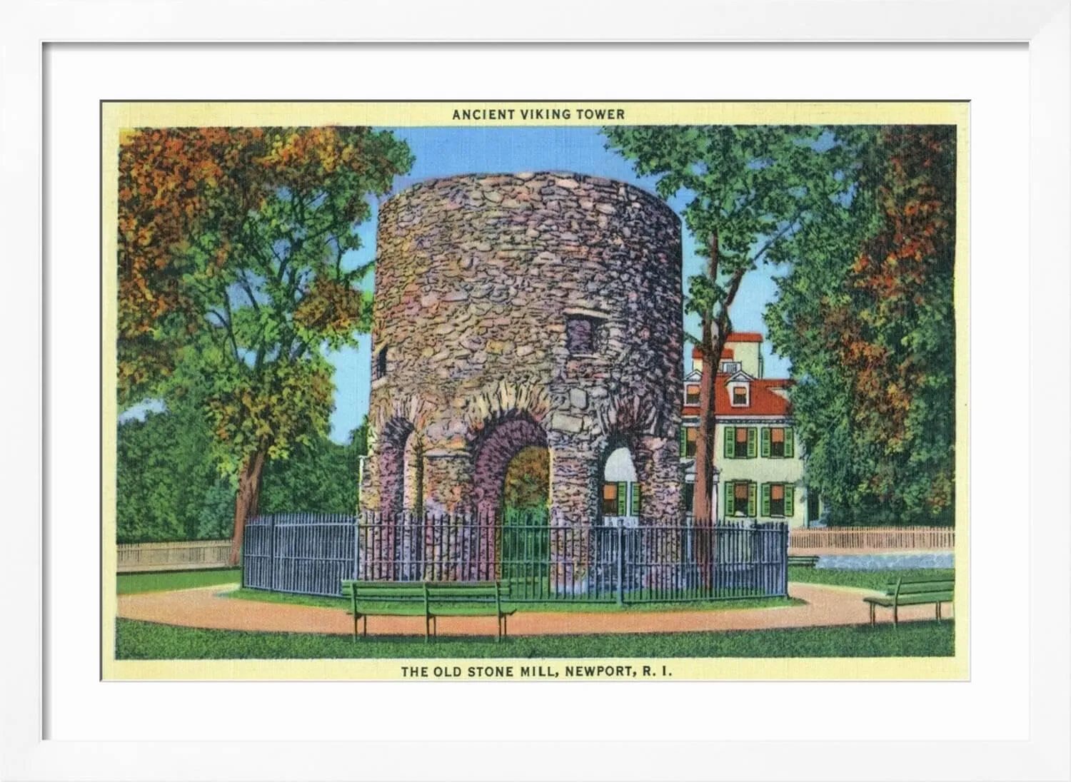 ART.COM Wall Art Print Newport, Rhode Island, View of the Old Stone Mill, Ancient Viking Tower on White Frame by Lantern Press, 44" x 32"