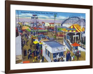 ART.COM Wall Art Print San Diego, California - Mission Beach Amusement Center Scene on Brown Frame by Lantern Press, 44" x 32"