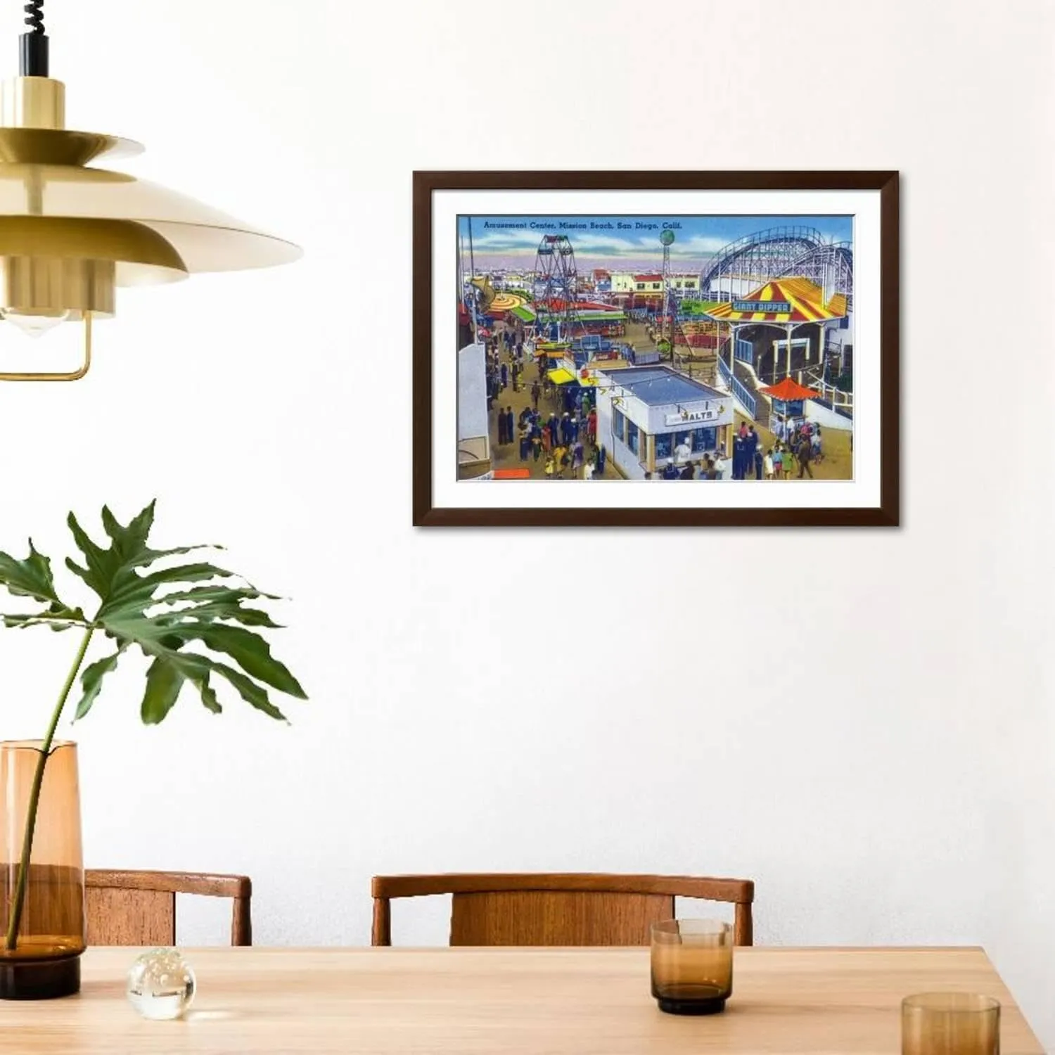 ART.COM Wall Art Print San Diego, California - Mission Beach Amusement Center Scene on Brown Frame by Lantern Press, 44" x 32"