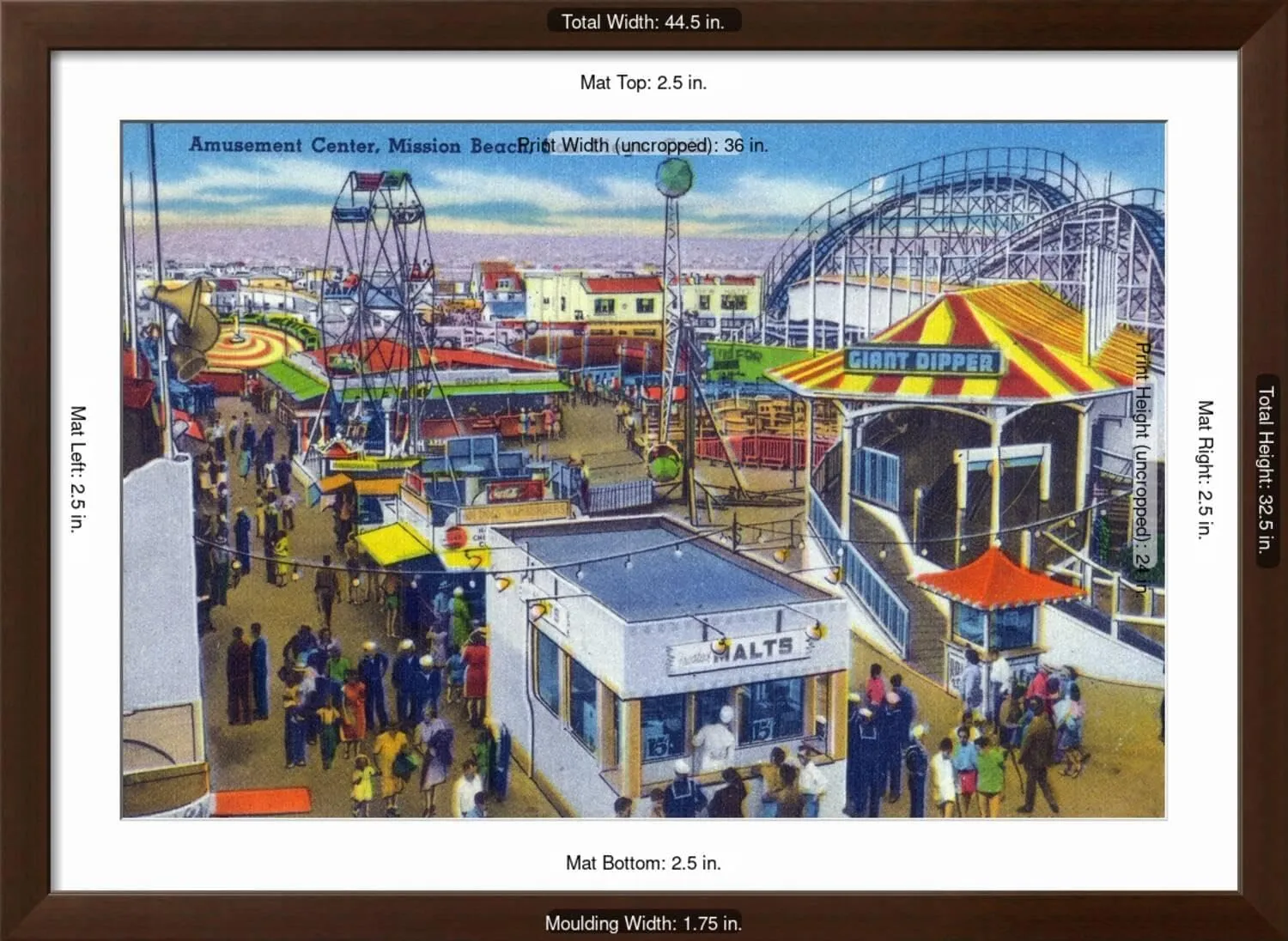 ART.COM Wall Art Print San Diego, California - Mission Beach Amusement Center Scene on Brown Frame by Lantern Press, 44" x 32"