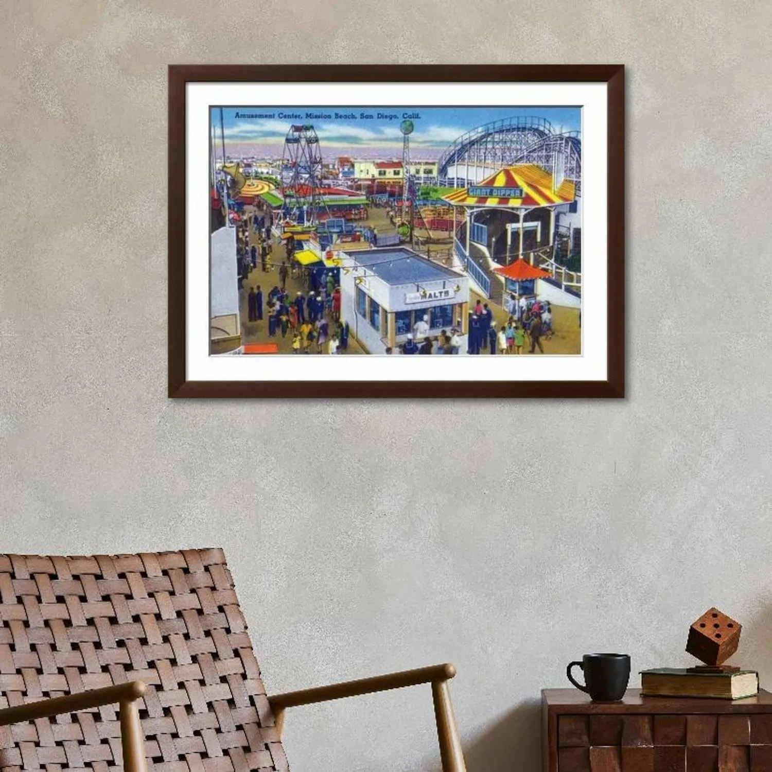 ART.COM Wall Art Print San Diego, California - Mission Beach Amusement Center Scene on Brown Frame by Lantern Press, 44" x 32"