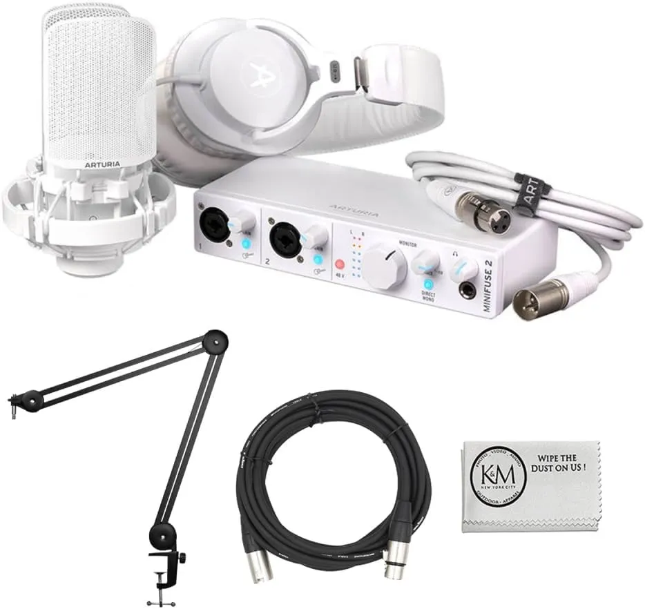 Arturia Minifuse Recording Pack | White Bundled with XLR Cable   Microphone Arm   Cleaning Cloth (4 Items)