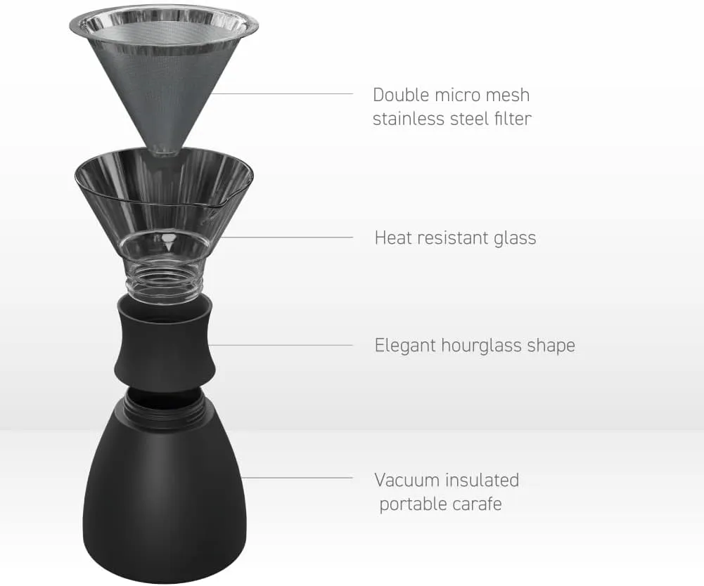 asobu Insulated Pour Over Coffee Maker (32 oz.) Double-Wall Vacuum, Stainless-Steel Filter and Take on the Go Carafe (Midnight Marble)