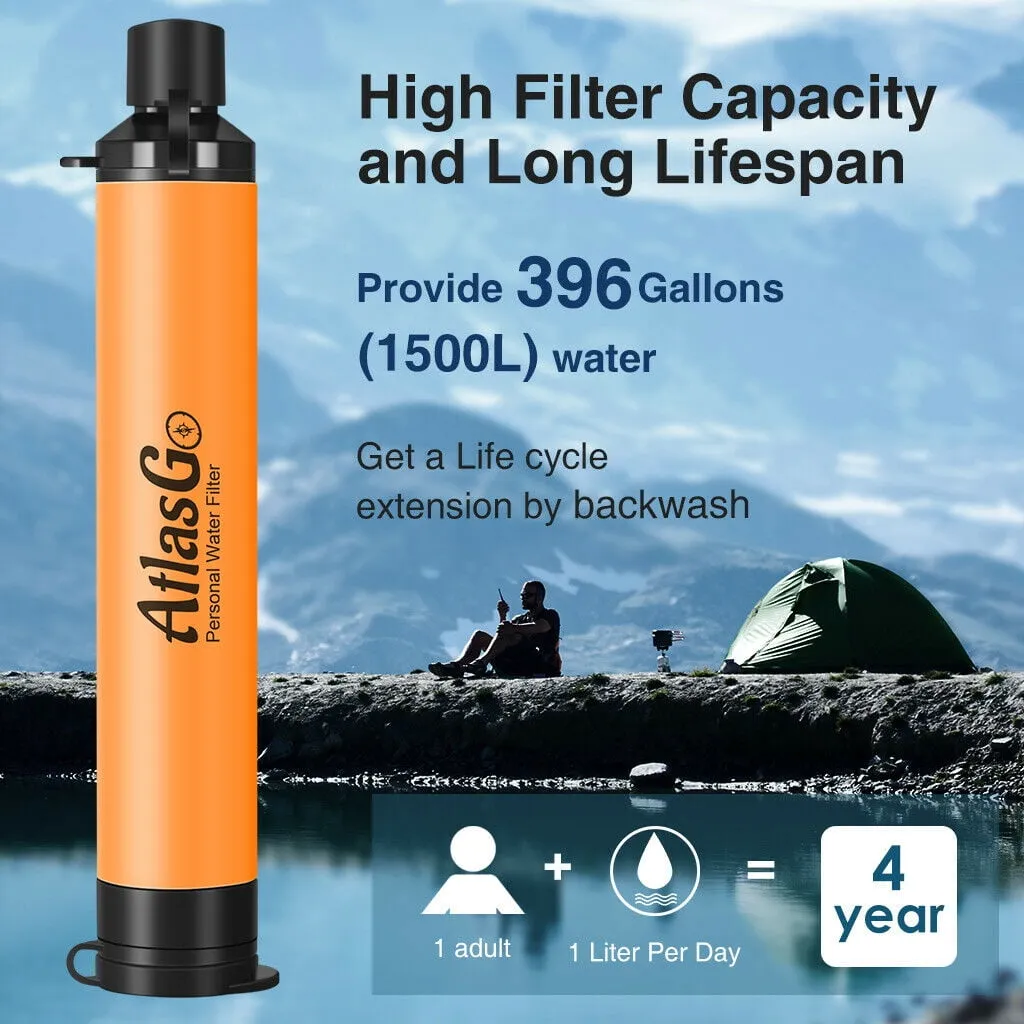 AtlasGo Water Filter Straw, Portable Water Purifier Survival Gear, Personal Water Filtration for Hiking Camping Travel Group Backpacking and Emergency Kits, 4 Pack