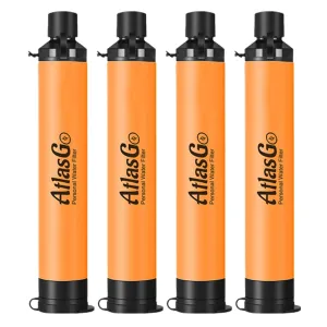 AtlasGo Water Filter Straw, Portable Water Purifier Survival Gear, Personal Water Filtration for Hiking Camping Travel Group Backpacking and Emergency Kits, 4 Pack