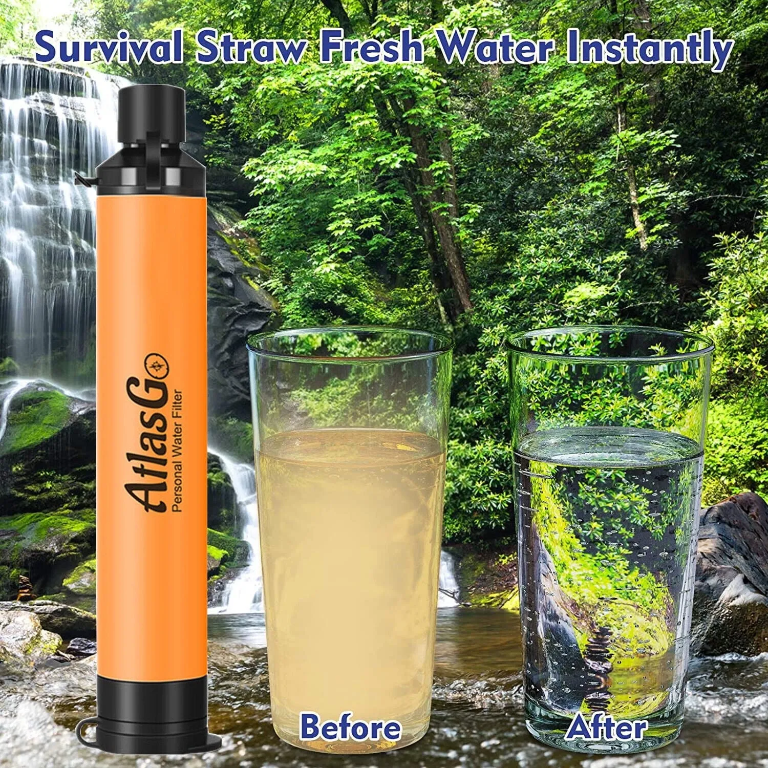 AtlasGo Water Filter Straw, Portable Water Purifier Survival Gear, Personal Water Filtration for Hiking Camping Travel Group Backpacking and Emergency Kits, 4 Pack