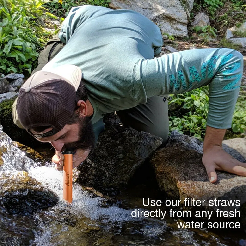 AtlasGo Water Filter Straw, Portable Water Purifier Survival Gear, Personal Water Filtration for Hiking Camping Travel Group Backpacking and Emergency Kits, 4 Pack