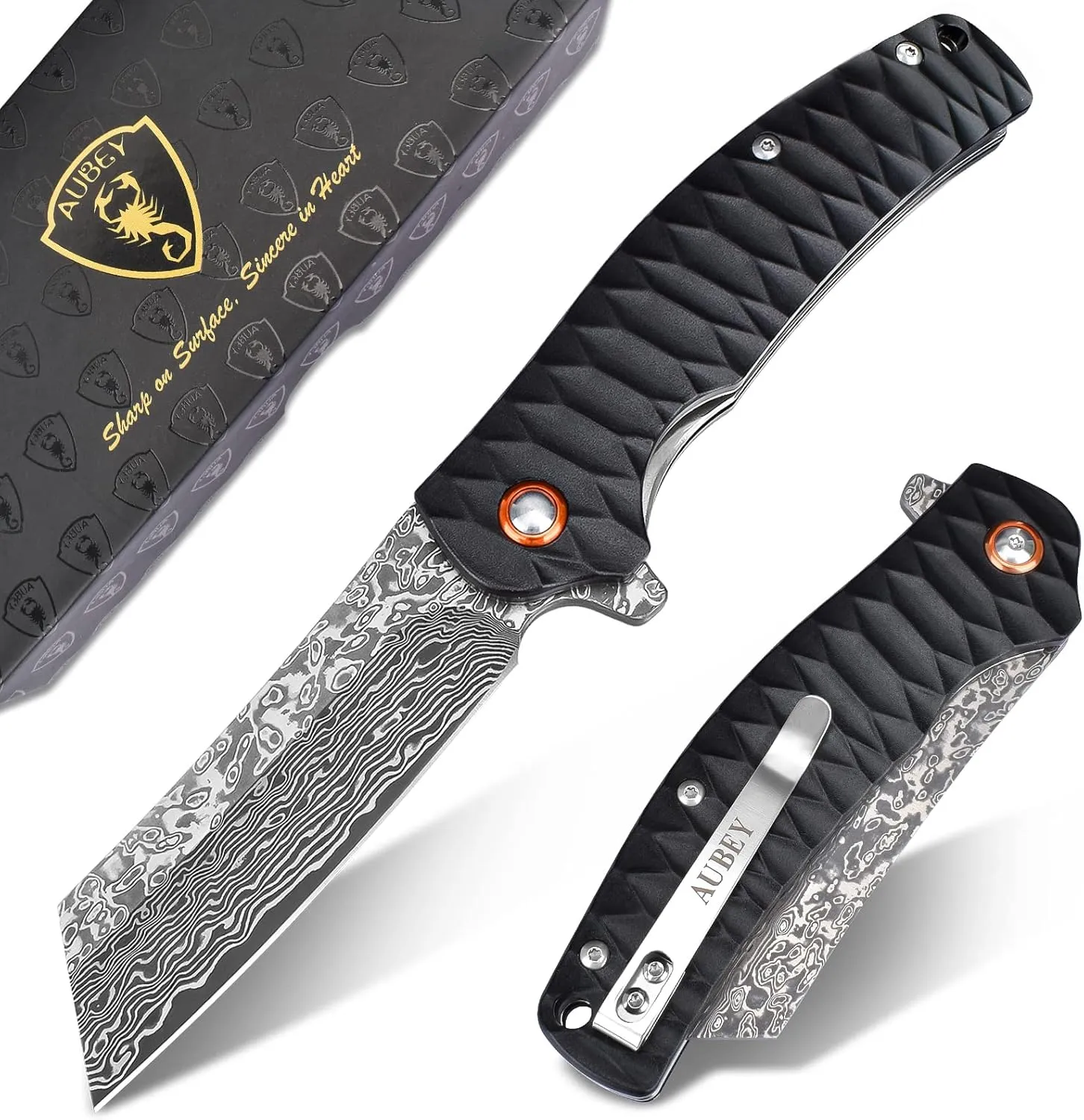 AUBEY Damascus Pocket Knife, 3.34" Damascus Steel Hollow Grind Blade, Folding Knife with Ball Bearing, Aluminum Handle, EDC Knife for Outdoor Camping Hunting