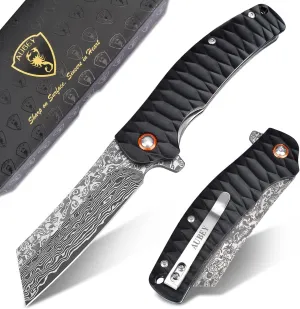 AUBEY Damascus Pocket Knife, 3.34" Damascus Steel Hollow Grind Blade, Folding Knife with Ball Bearing, Aluminum Handle, EDC Knife for Outdoor Camping Hunting