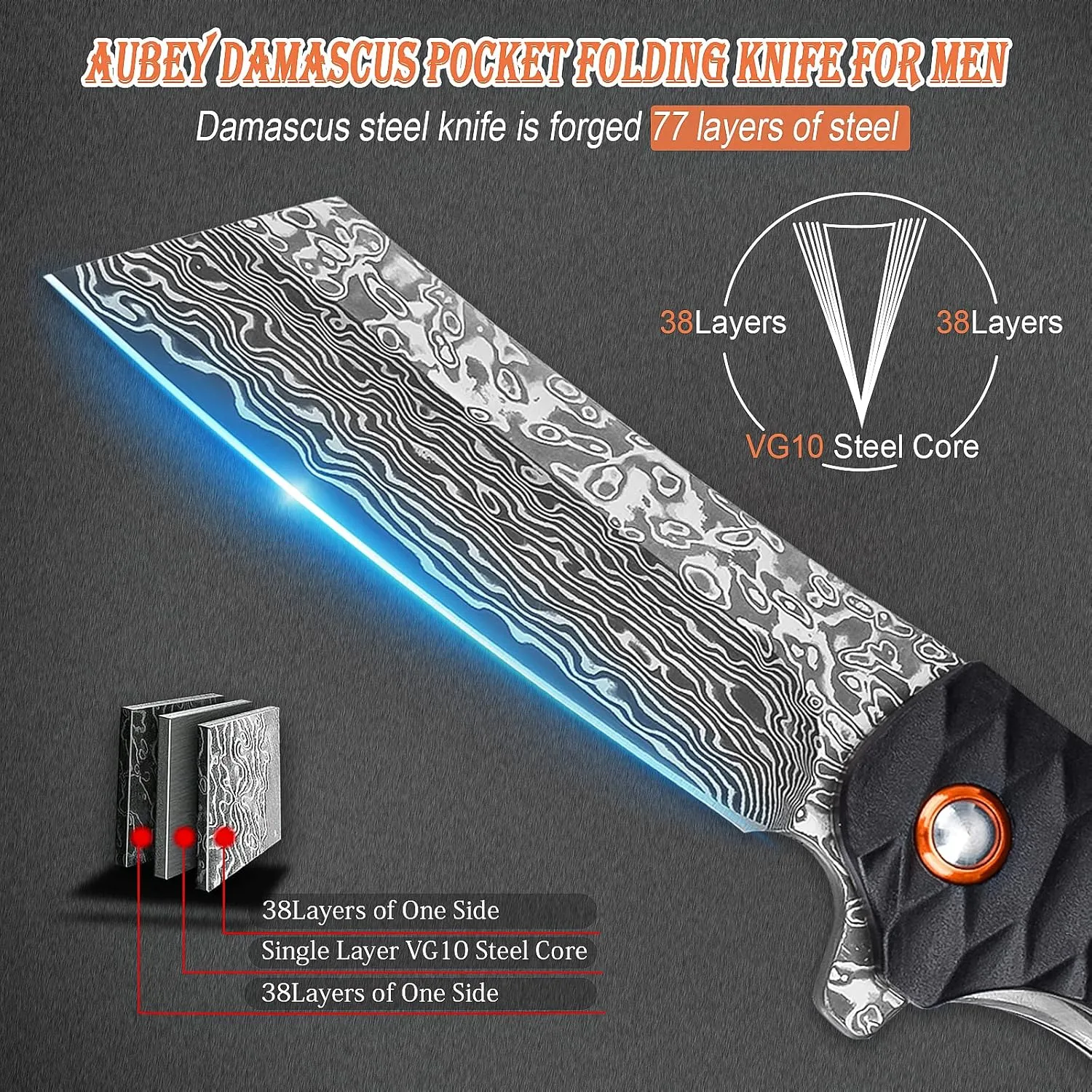 AUBEY Damascus Pocket Knife, 3.34" Damascus Steel Hollow Grind Blade, Folding Knife with Ball Bearing, Aluminum Handle, EDC Knife for Outdoor Camping Hunting