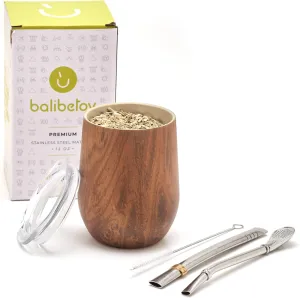 BALIBETOV Premium Stainless Steel Yerba Mate Gourd Set, 5 Pcs Including 12 oz Gourd with Lid, 2 Bombillas, Cleaning Brush | BPA Free, Insulated